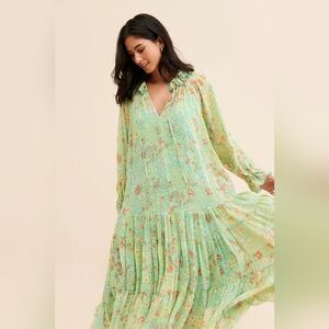 Free People Feeling Groovy Midi Dress Green Floral Boho Ruffle Tiered